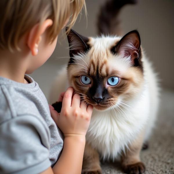 Gato Birmano con ojos azules, dócil y juguetón con un niño.