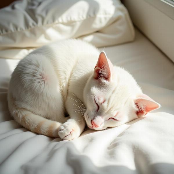 Gato blanco durmiendo serenamente en un rayo de sol