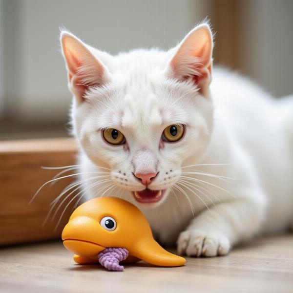 Gato blanco jugando con un juguete interactivo