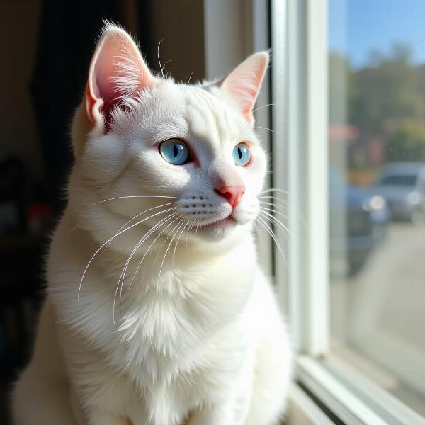 Gato blanco con ojos azules mirando por la ventana