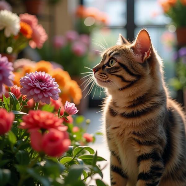 Gato observando flores en una bodega, considerando su seguridad.