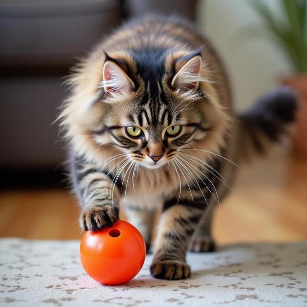 Gato Bosque de Noruega jugando con un juguete interactivo