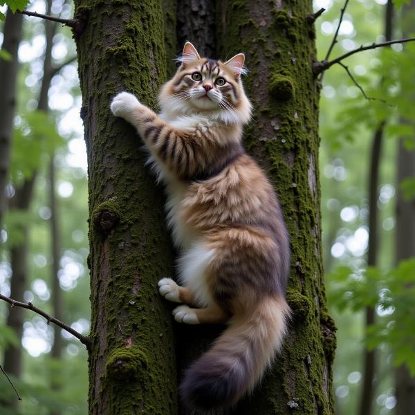 Gato de los Bosques de Noruega escalando un árbol alto