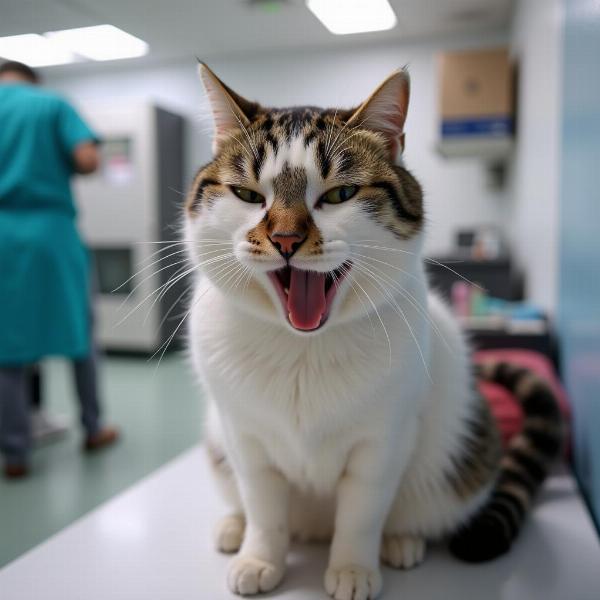 Gato bostezando en el veterinario