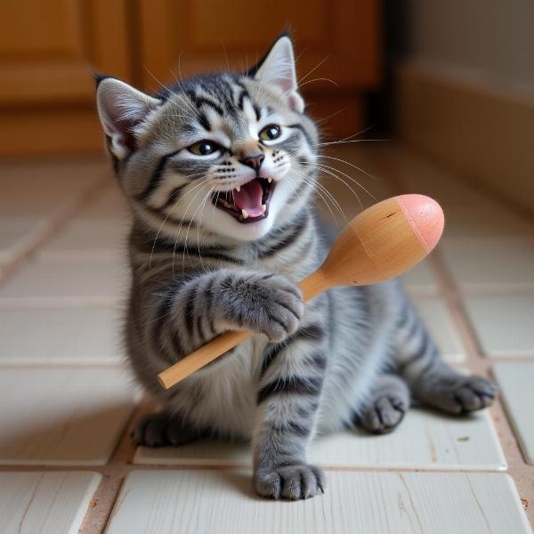 Gato British Shorthair cachorro jugando con un juguete.