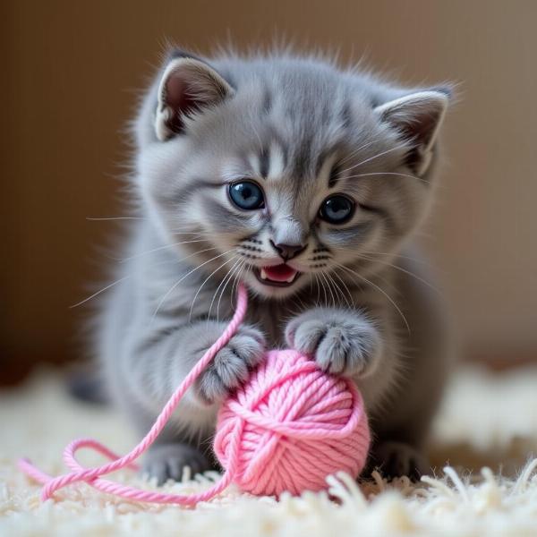 Gato British Shorthair bebé jugando con una pelota de lana.