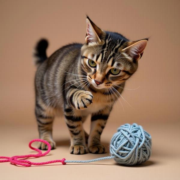 Gato café jugando enérgicamente con una bola de lana