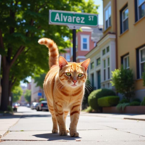 Gato paseando por una calle con el nombre Álvarez