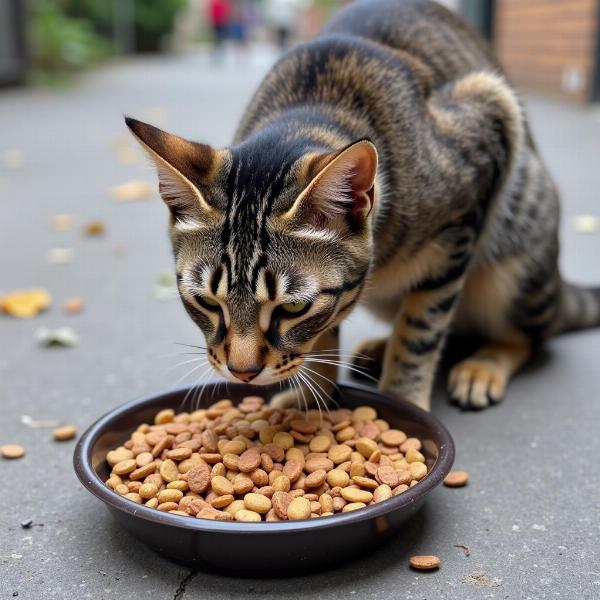 Gato callejero comiendo pienso