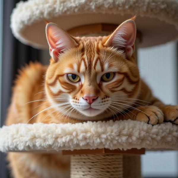 Gato descansando en un árbol para gatos de madera