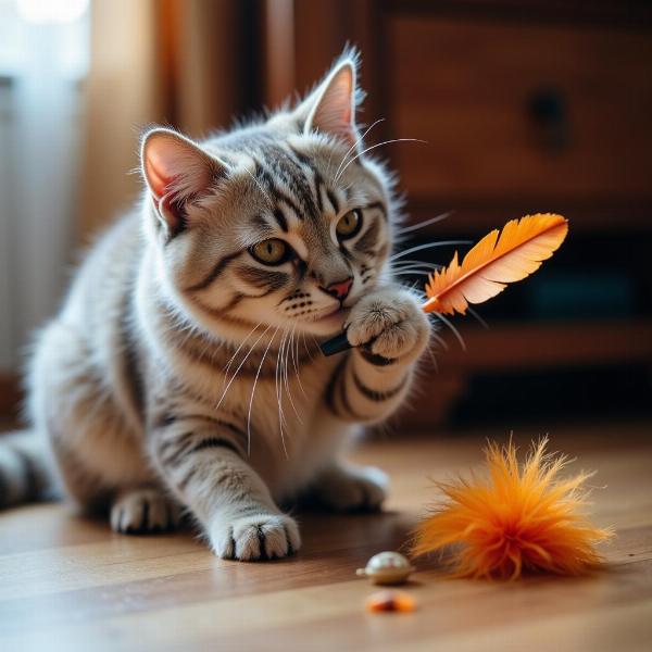 Gato castrado jugando en el interior con juguetes interactivos