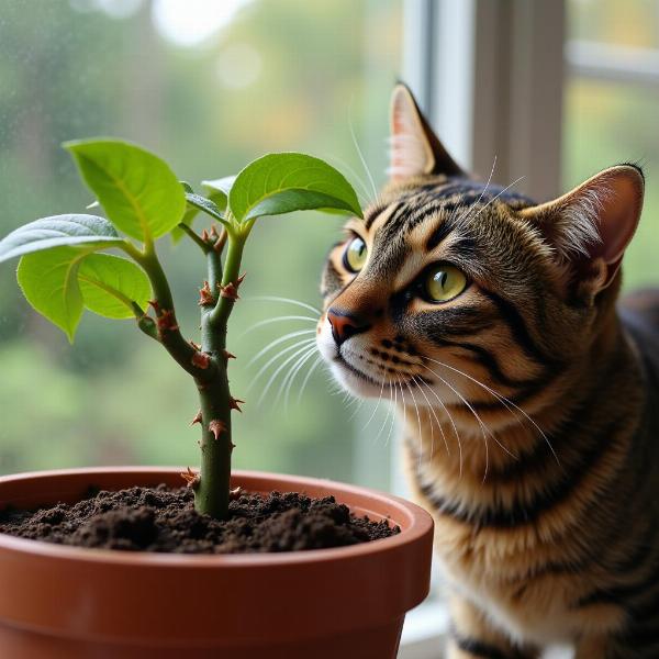 Gato observando con curiosidad un árbol uña de gato en una maceta.