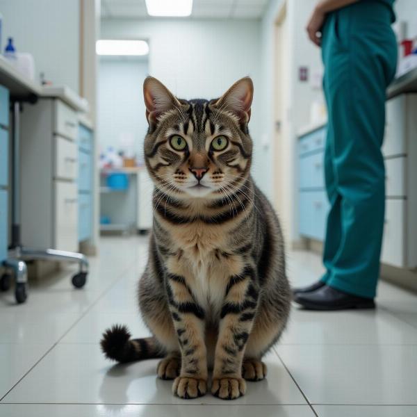 Gato con la cola entre las patas tại phòng khám thú y