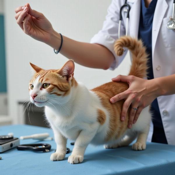 Gato con la cola temblando siendo examinado por un veterinario