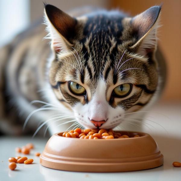 Gato comiendo alimento rico en omega 3 para la dermatitis