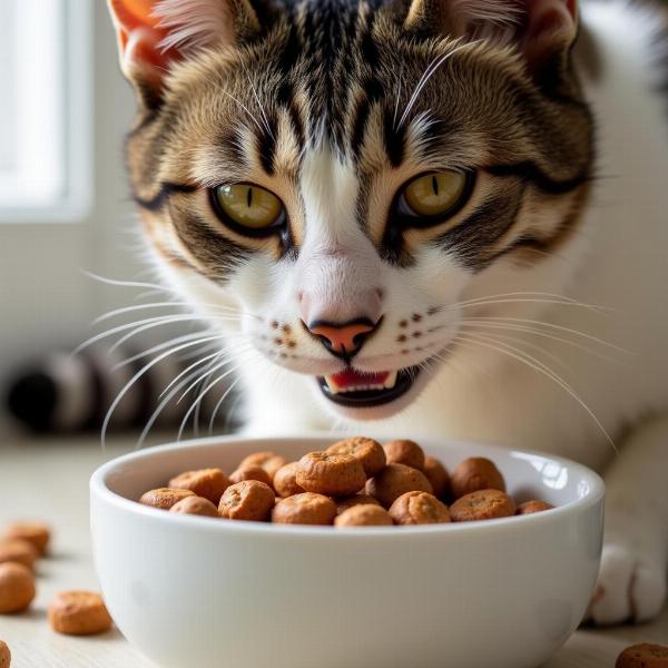 Gato comiendo alimento saludable en un tazón.