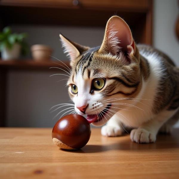 Gato comiendo castaña