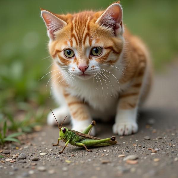 Gato curioso observando un chapulín