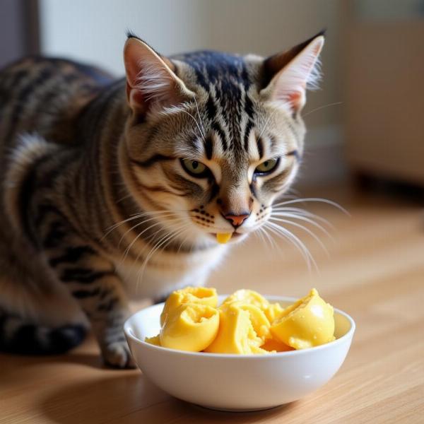 Gato comiendo huevo cocido