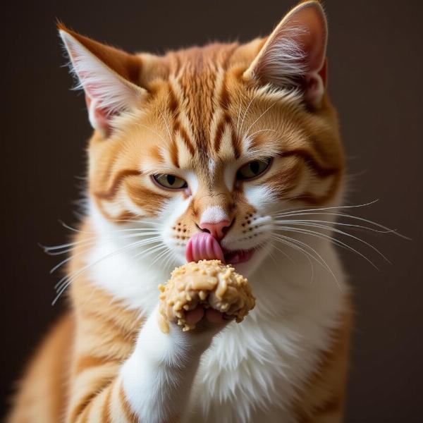 Gato comiendo malta de su pata