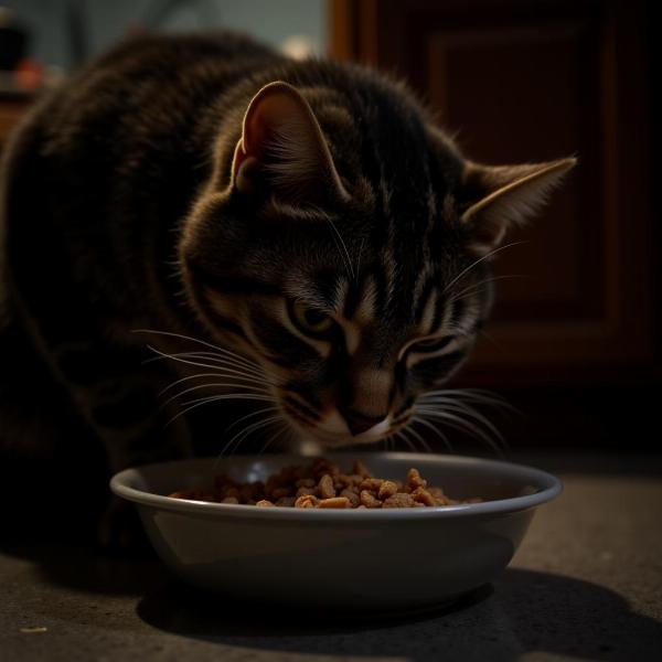 Gato comiendo de noche