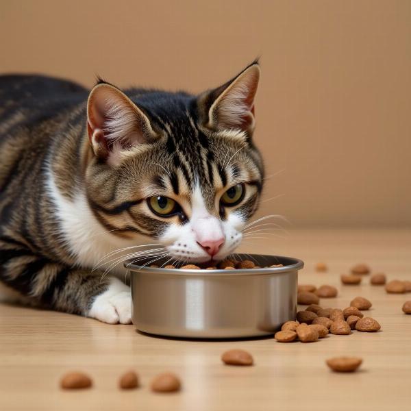 Gato comiendo pienso en un plato