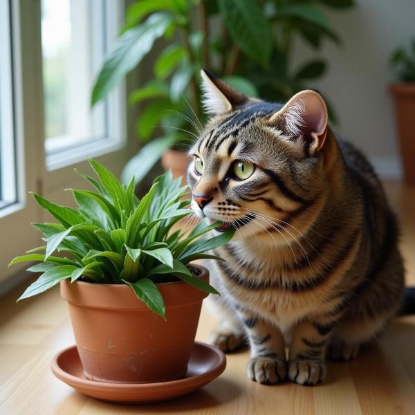 Un gato comiendo una planta prohibida para ellos