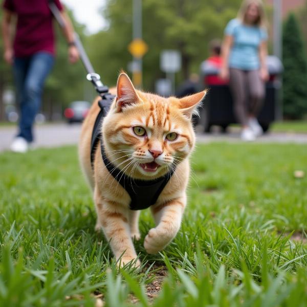 Gato con arnés explorando un área segura lejos del tráfico