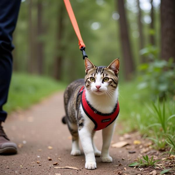 Gato con arnés explorando el exterior de forma segura