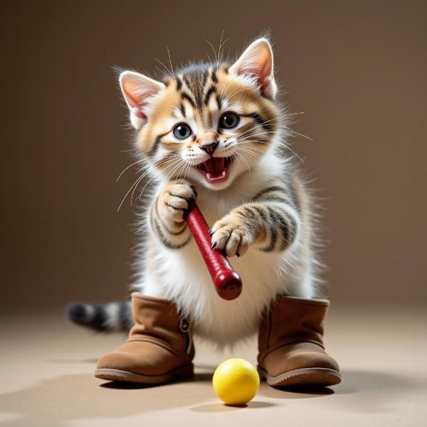 Gatito con botas jugando con un juguete