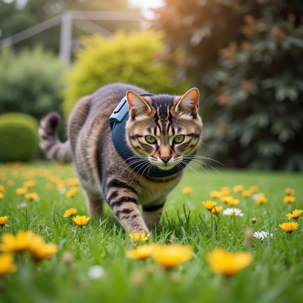 Gato con localizador en el jardín