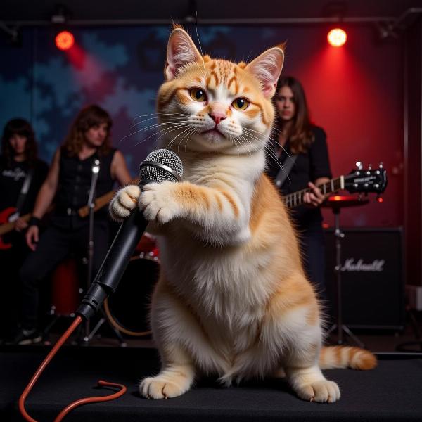 Gato con micrófono cantando metal