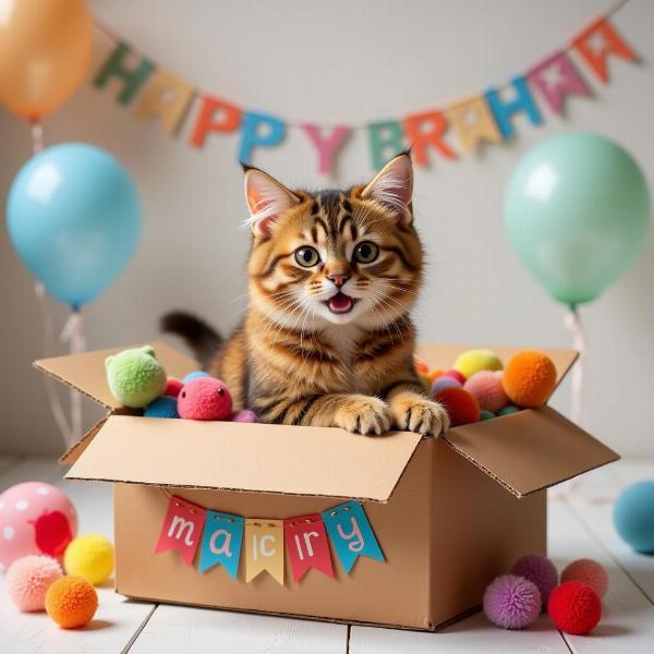 Gato disfrutando de su regalo de cumpleaños: una caja llena de juguetes.