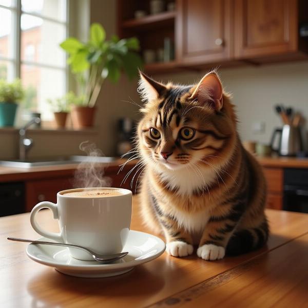 Gato curioso junto a una taza de café