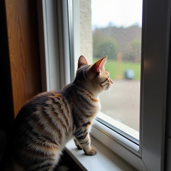 Gato curioso asomándose por la ventana, explorando el mundo exterior.