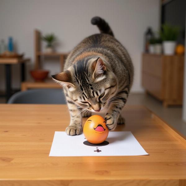 Gato de mesa jugando con un juguete en su espacio designado