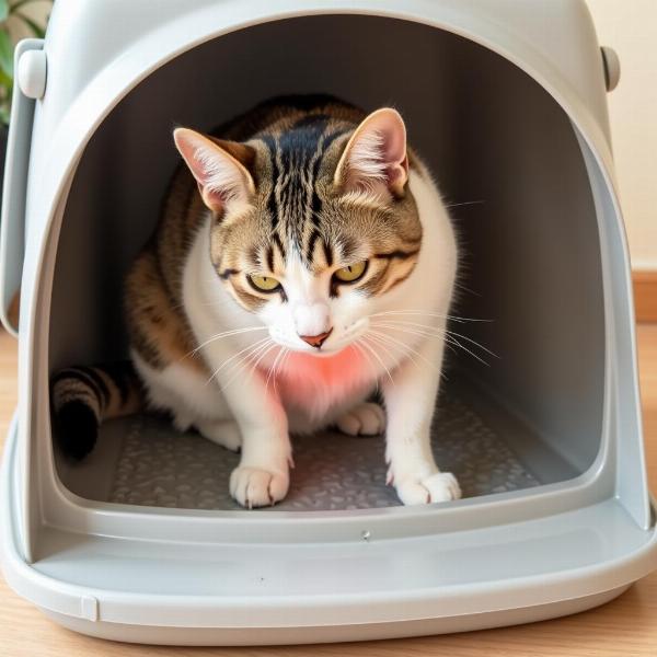 Gato con dificultad para orinar en la caja de arena