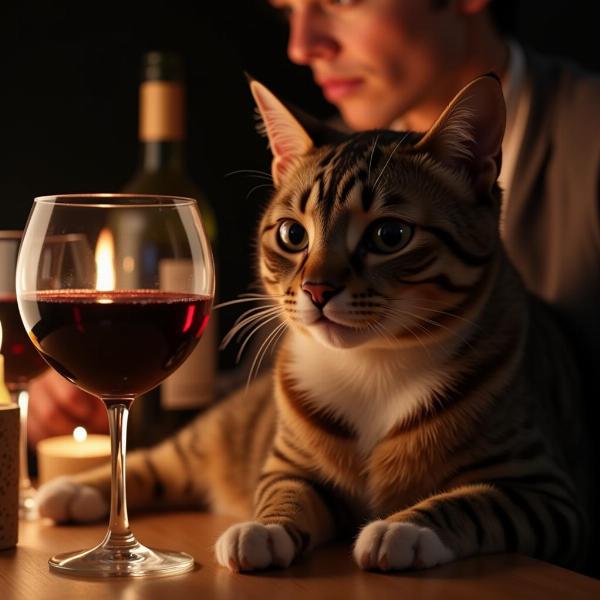 Gato disfrutando de una noche de vinos con su dueño: Gato relajado cerca de una copa de vino en un ambiente acogedor