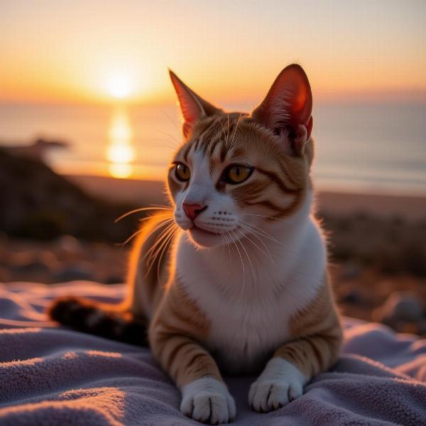 Gato disfrutando la puesta de sol