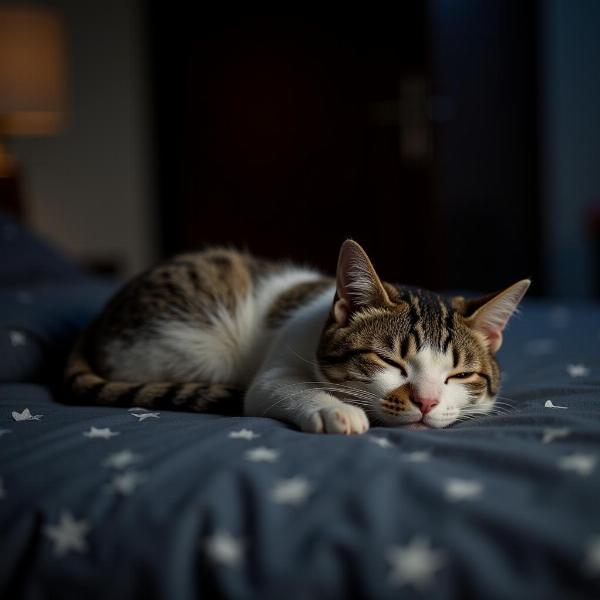 Gato durmiendo plácidamente en la cama