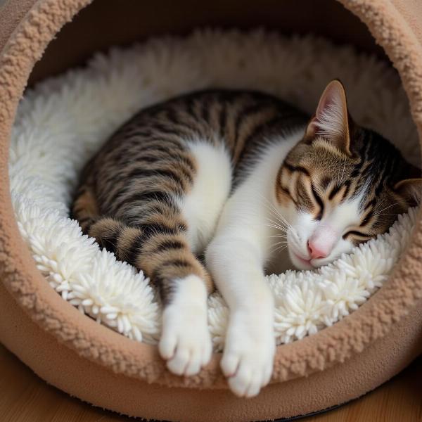 Gato durmiendo en una cómoda cama para gatos