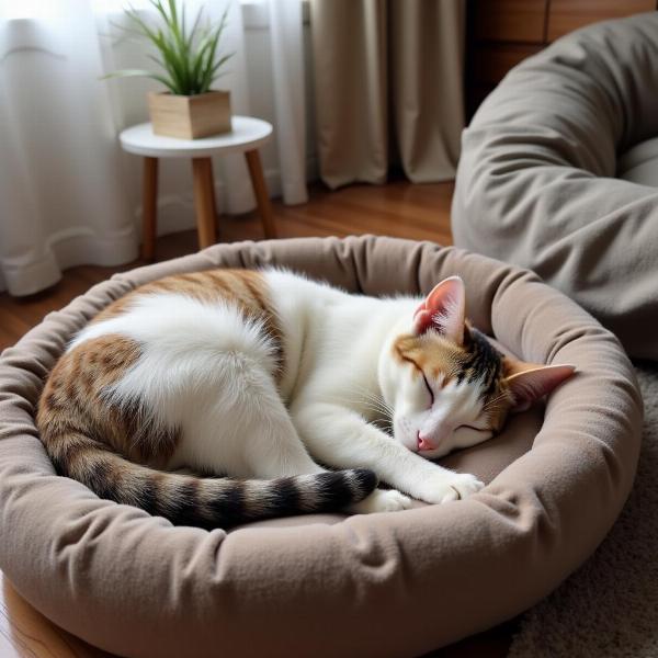 Gato durmiendo plácidamente en su nueva cama en el año 2024