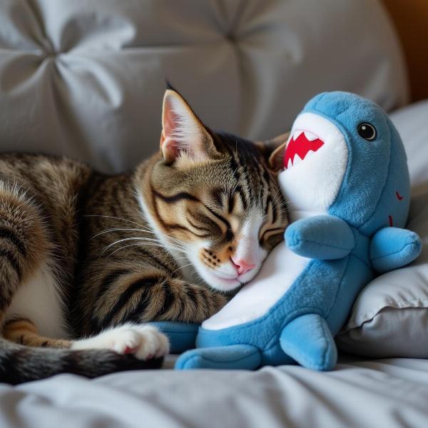 Gato durmiendo con su peluche gato tiburón