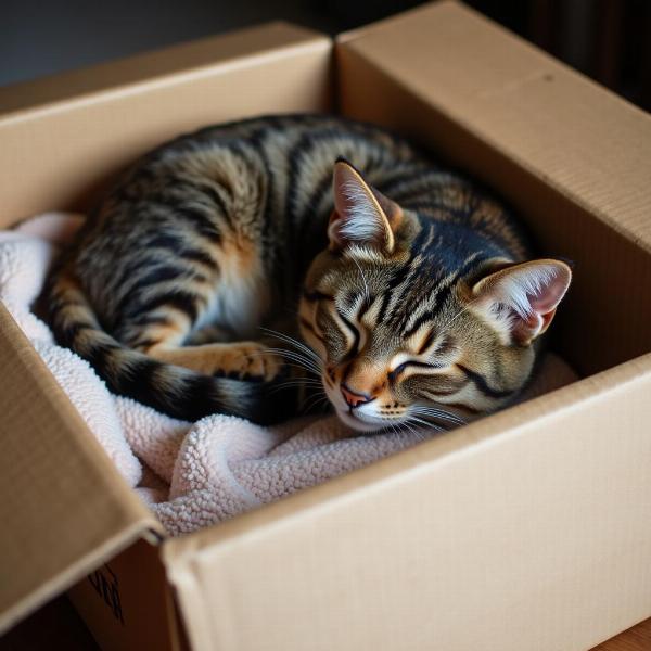 Gato durmiendo en una caja de cartón acogedora