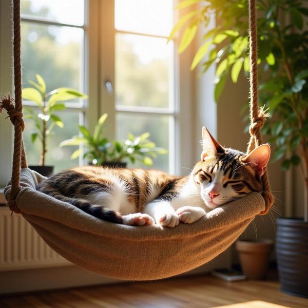 Gato durmiendo en hamaca de ventana