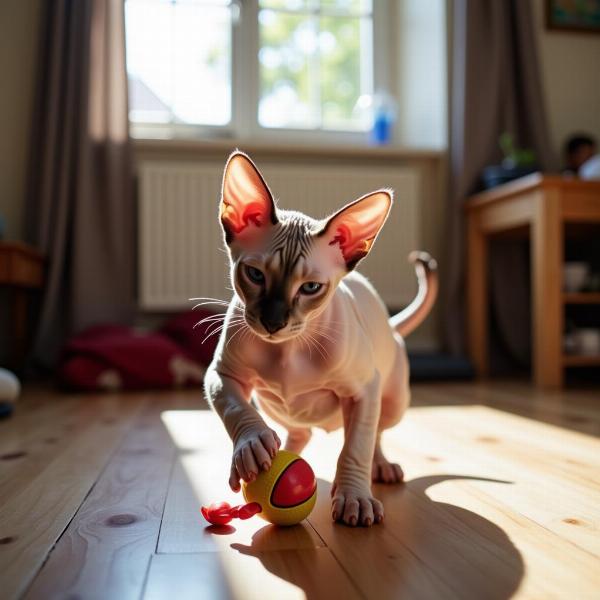 Gato egipcio jugando con un juguete en su nuevo hogar