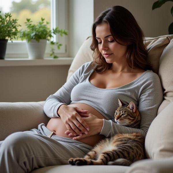 Gato mostrando cariño a una mujer embarazada