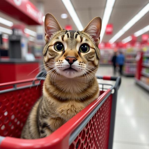 Un gato sentado en un carrito de compras en Target