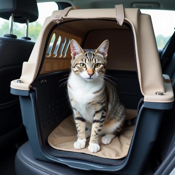 Gato en transportín en el coche