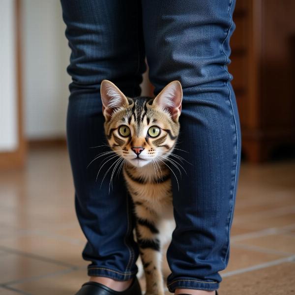 Gato escondiéndose detrás del dueño por miedo a ruidos fuertes